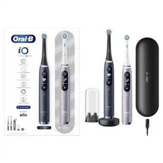 Set 2 x Periuta de dinti electrica Oral-B iO9 cu Tehnologie Magnetica si Micro-Vibratii, Inteligenta artificiala, Display led, Senzor de presiune Smart, Timer vizibil, 7 moduri, 1 incarcator magnetic, 1 Trusa de calatorie cu incarcator, Negru/Roz