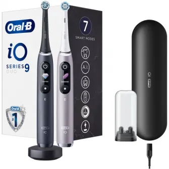 Set 2 x Periuta de dinti electrica Oral-B iO9 cu Tehnologie Magnetica si Micro-Vibratii, Inteligenta artificiala, Display led, Senzor de presiune Smart, Timer vizibil, 7 moduri, 1 incarcator magnetic, 1 Trusa de calatorie cu incarcator, Negru/Roz