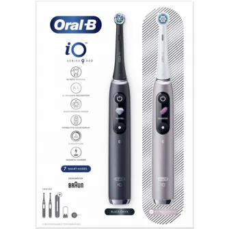 Set 2 x Periuta de dinti electrica Oral-B iO9 cu Tehnologie Magnetica si Micro-Vibratii, Inteligenta artificiala, Display led, Senzor de presiune Smart, Timer vizibil, 7 moduri, 1 incarcator magnetic, 1 Trusa de calatorie cu incarcator, Negru/Roz