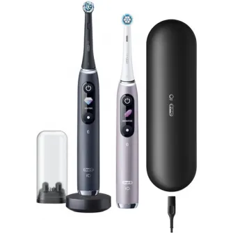 Set 2 x Periuta de dinti electrica Oral-B iO9 cu Tehnologie Magnetica si Micro-Vibratii, Inteligenta artificiala, Display led, Senzor de presiune Smart, Timer vizibil, 7 moduri, 1 incarcator magnetic, 1 Trusa de calatorie cu incarcator, Negru/Roz