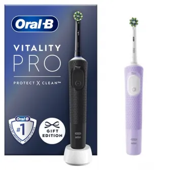 Set 2 x Periuta de dinti electrica Oral-B Vitality Pro, Curatare 2D, 3 programe, 1 Incarcator, 2 Capete, Negru/Violet