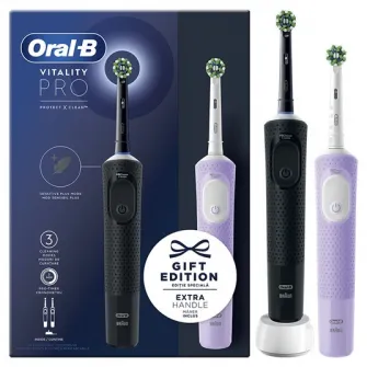 Set 2 x Periuta de dinti electrica Oral-B Vitality Pro, Curatare 2D, 3 programe, 1 Incarcator, 2 Capete, Negru/Violet