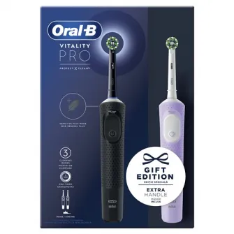 Set 2 x Periuta de dinti electrica Oral-B Vitality Pro, Curatare 2D, 3 programe, 1 Incarcator, 2 Capete, Negru/Violet