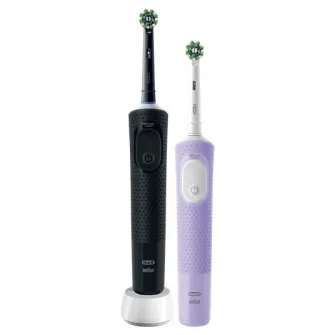 Set 2 x Periuta de dinti electrica Oral-B Vitality Pro, Curatare 2D, 3 programe, 1 Incarcator, 2 Capete, Negru/Violet