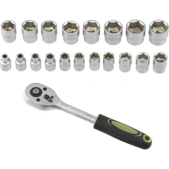Set 20 piese Heinner CR-V, 3/8, 19 chei tubulare 6-24 mm dimensiune, cheie cu clichet reversibila 3/8
