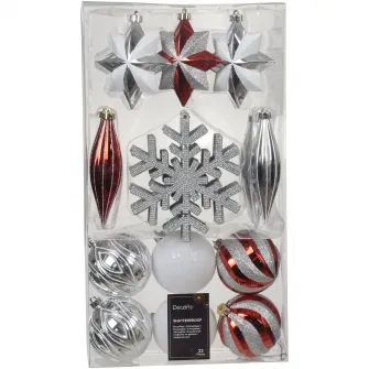 Set 22 globuri asortate Decoris, diverse marimi si forme, rosu/argintiu/alb