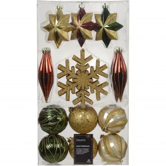 Set 22 globuri asortate Decoris, diverse marimi si forme, rosu/verde/auriu