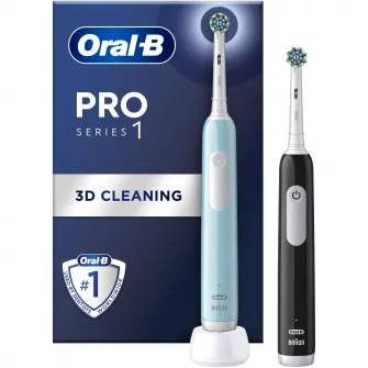 Set 2x Periuta de dinti electrica Oral-B Pro 1, Curatare 3D, 3 programe, 1 capat de periaj, Negru/Albastru