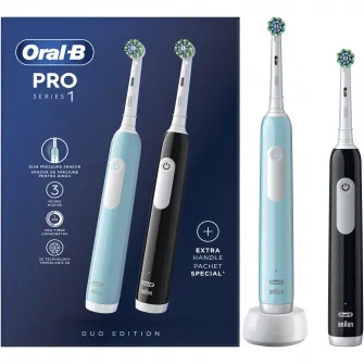 Set 2x Periuta de dinti electrica Oral-B Pro 1, Curatare 3D, 3 programe, 1 capat de periaj, Negru/Albastru