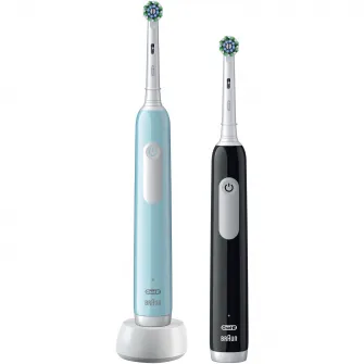 Set 2x Periuta de dinti electrica Oral-B Pro 1, Curatare 3D, 3 programe, 1 capat de periaj, Negru/Albastru