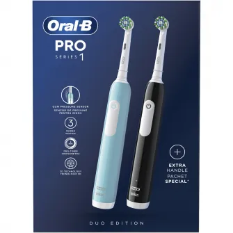 Set 2x Periuta de dinti electrica Oral-B Pro 1, Curatare 3D, 3 programe, 1 capat de periaj, Negru/Albastru
