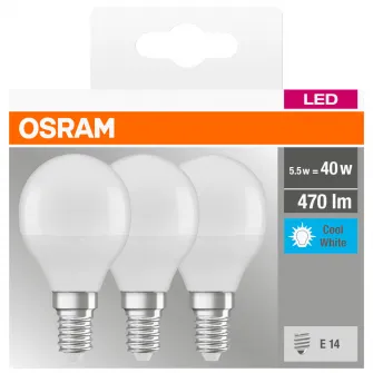 Set 3 becuri LED Osram Base Classic P40, E14, 5.5W (40W), 470 lm, A+, lumina neutra (4000K)