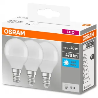 Set 3 becuri LED Osram Base Classic P40, E14, 5.5W (40W), 470 lm, A+, lumina neutra (4000K)