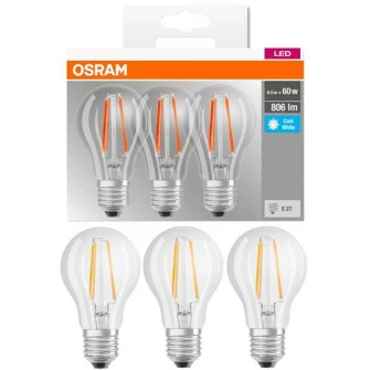 Set 3 becuri LED Osram Base Filament A60, E27, 6.5W (60W), 806 lm, A++, lumina neutra (4000K)