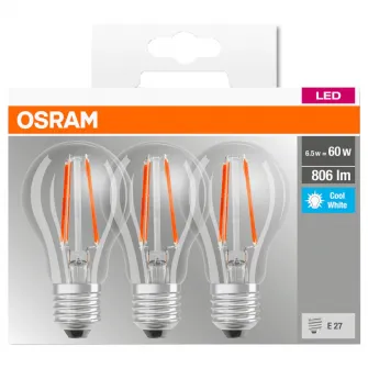 Set 3 becuri LED Osram Base Filament A60, E27, 6.5W (60W), 806 lm, A++, lumina neutra (4000K)