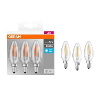 Set 3 becuri LED Osram Base Filament B40, E14, 4W (40W), 470 lm, A++, lumina neutra (4000K)