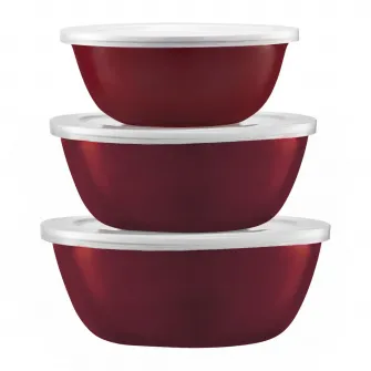 Set 3 boluri emailate cu capace plastic, Emalia Olkusz, 14/16/18 cm, visinii