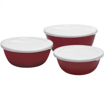 Set 3 boluri emailate cu capace plastic, Emalia Olkusz, 14/16/18 cm, visinii