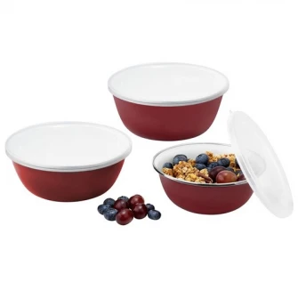 Set 3 boluri emailate cu capace plastic, Emalia Olkusz, 14/16/18 cm, visinii