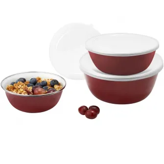 Set 3 boluri emailate cu capace plastic, Emalia Olkusz, 14/16/18 cm, visinii