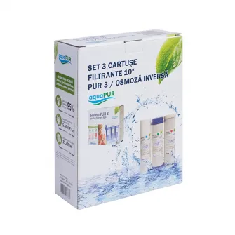 Set 3 cartuse filtrante AquaPUR 10 PUR3/RO, cartus PP expandat, cartus carbune activ bloc, cartus carbune activ granular