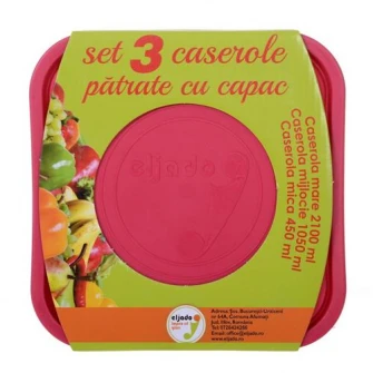 Set 3 caserole patrate Eljado, capac roz, 2.1 L, 1.04 L, 450 ml