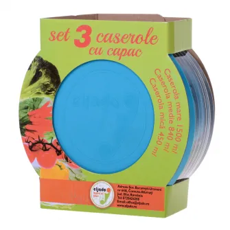 Set 3 caserole rotunde Eljado, Albastru, sticla