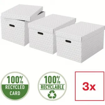 Set 3 cutii depozitare Esselte Home Recycled, carton, 51x35x30 cm, cu capac, alb