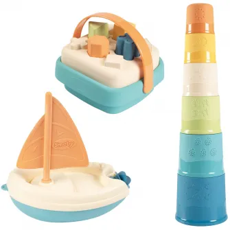 Set 3 jucarii sortare si de baie Little Smoby Green - Turnul Magic, Cubul cu forme si Barcuta
