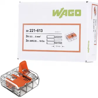 Set 30 cleme (conectori) Wago 6 mmp 221-613, compact, borna cu arc, cablu litat, 3 fire, 41A