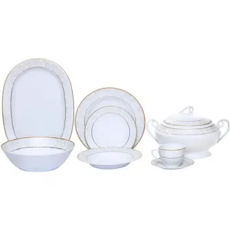 Set 34 piese Dinova Adolf portelan cu margini aurii, 6 farfurii intinse, 6 farfurii adanci, 6 farfurii desert, 6 cesti cu 6 farfurii, 1 platou, 1 bol salata, 1 supiera cu 1capac