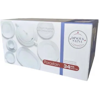 Set 34 piese Dinova Adolf portelan cu margini aurii, 6 farfurii intinse, 6 farfurii adanci, 6 farfurii desert, 6 cesti cu 6 farfurii, 1 platou, 1 bol salata, 1 supiera cu 1capac