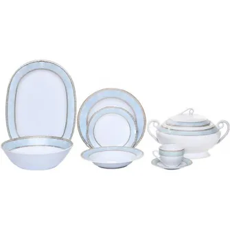 Set 34 piese Dinova Hector portelan cu margini aurii, 6 farfurii intinse, 6 farfurii adanci, 6 farfurii desert, 6 cesti cu 6 farfurii, 1 platou, 1 bol salata, 1 supiera cu 1 capac