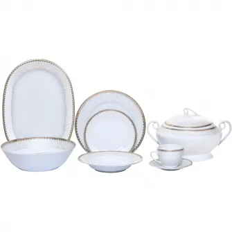 Set 34 piese Dinova Mahana portelan cu margini aurii, 6 farfurii intinse, 6 farfurii adanci, 6 farfurii desert, 6 cesti cu 6 farfurii, 1 platou, 1 bol salata, 1 supiera cu 1 capac