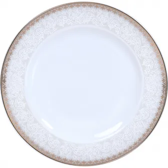 Set 34 piese Dinova Mahana portelan cu margini aurii, 6 farfurii intinse, 6 farfurii adanci, 6 farfurii desert, 6 cesti cu 6 farfurii, 1 platou, 1 bol salata, 1 supiera cu 1 capac
