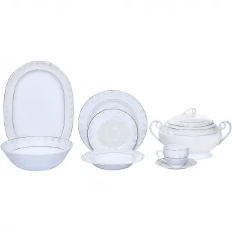 Set 34 piese Dinova Narbon portelan cu margini aurii, 6 farfurii intinse, 6 farfurii adanci, 6 farfurii desert, 6 cesti cu 6 farfurii, 1 platou, 1 bol salata, 1 supiera cu 1capac