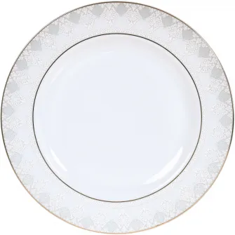 Set 34 piese Dinova Narbon portelan cu margini aurii, 6 farfurii intinse, 6 farfurii adanci, 6 farfurii desert, 6 cesti cu 6 farfurii, 1 platou, 1 bol salata, 1 supiera cu 1capac