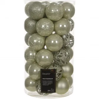 Set 37 globuri Craciun Decoris, diametru glob 6 cm, plastic, finisaje diverse, alb