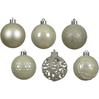 Set 37 globuri Craciun Decoris, diametru glob 6 cm, plastic, finisaje diverse, alb