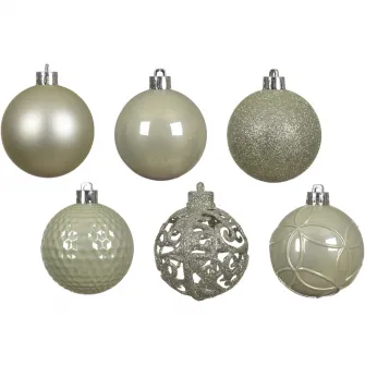 Set 37 globuri Craciun Decoris, diametru glob 6 cm, plastic, finisaje diverse, alb