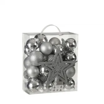 Set 39 globuri decorative si varf de brad, diametre diverse, plastic, finisaj mat/lucios, argintiu