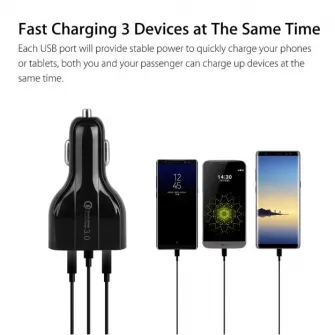 Set 3buc : 1Incarcator CAR Fast Charger 3.0, 9V/3.1A, + 2x cablu date TYP C pentru Samsung S10,S9,S8,Note8,9 BLACK ,NEW 7A