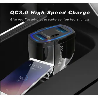 Set 3buc : 1Incarcator CAR Fast Charger 3.0, 9V/3.1A, + 2x cablu date TYP C pentru Samsung S10,S9,S8,Note8,9 BLACK ,NEW 7A