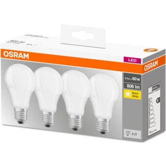 Set 4 becuri LED Osram Base Classic A60, E27, 8.5W (60W), 806 lm, A+, lumina calda (2700K)