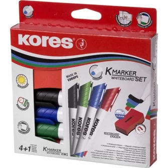 Set 4 Markere whiteboard Kores cu burete magnetic, 3 mm