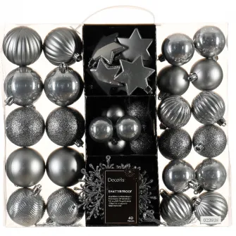 Set 40 globuri Craciun Decoris, plastic, dimensiuni variate, gri