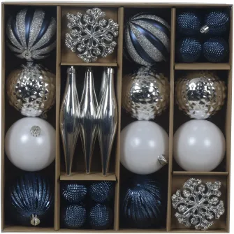 Set 46 globuri asortate Decoris, diverse marimi si forme, argintiu/albastru/alb