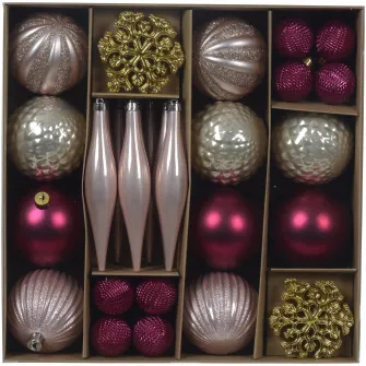 Set 46 globuri asortate Decoris, diverse marimi si forme, roz/rosu/auriu
