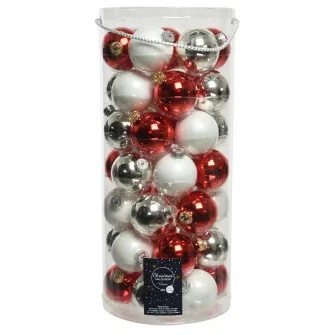 Set 49 globuri Craciun Decoris, sticla, 6 cm, alb/rosu