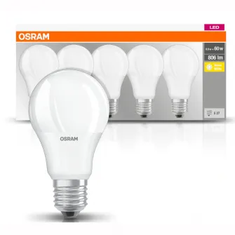 Set 5 becuri LED Osram Base Classic A60, E27, 8.5W (60W), 806 lm, lumina calda (2700K)
